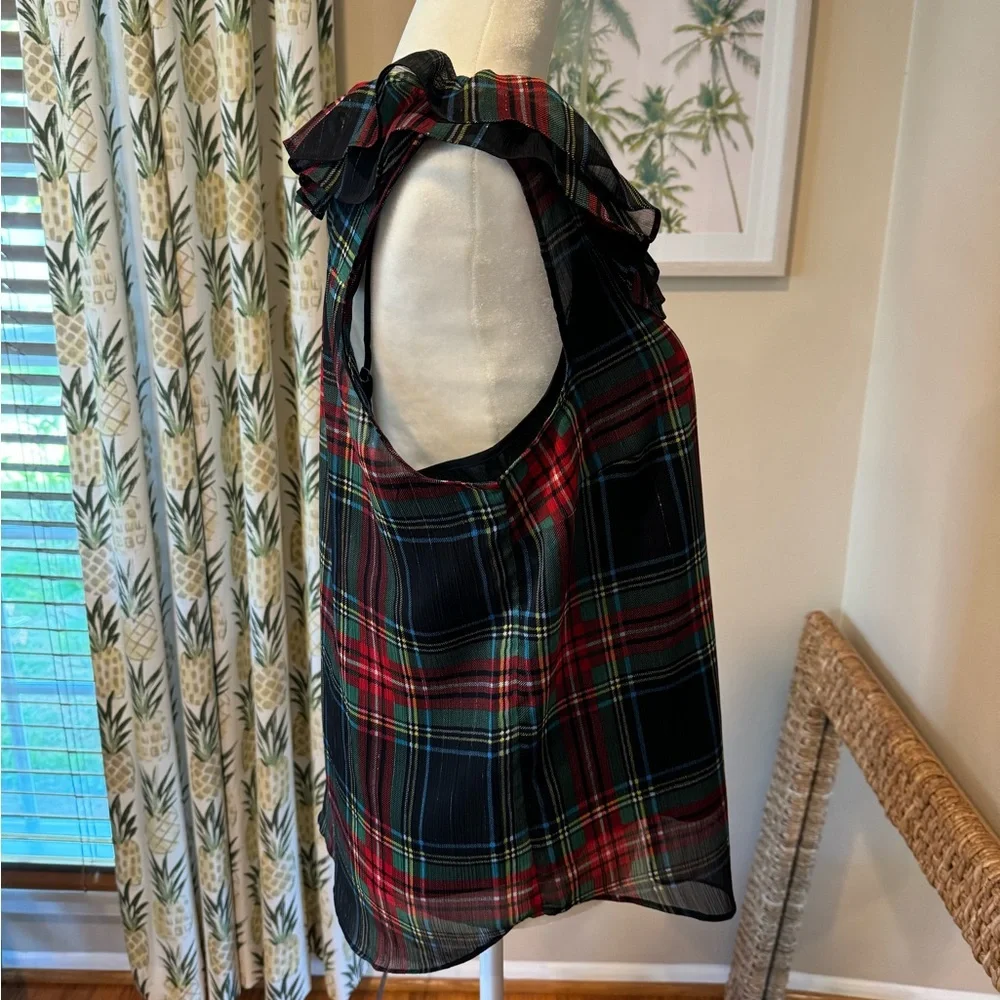 JCREW Plaid Holiday Top Sleeveless Ruffle Collar Black Stewart Tartan Cami Lined - Picture 4 of 8